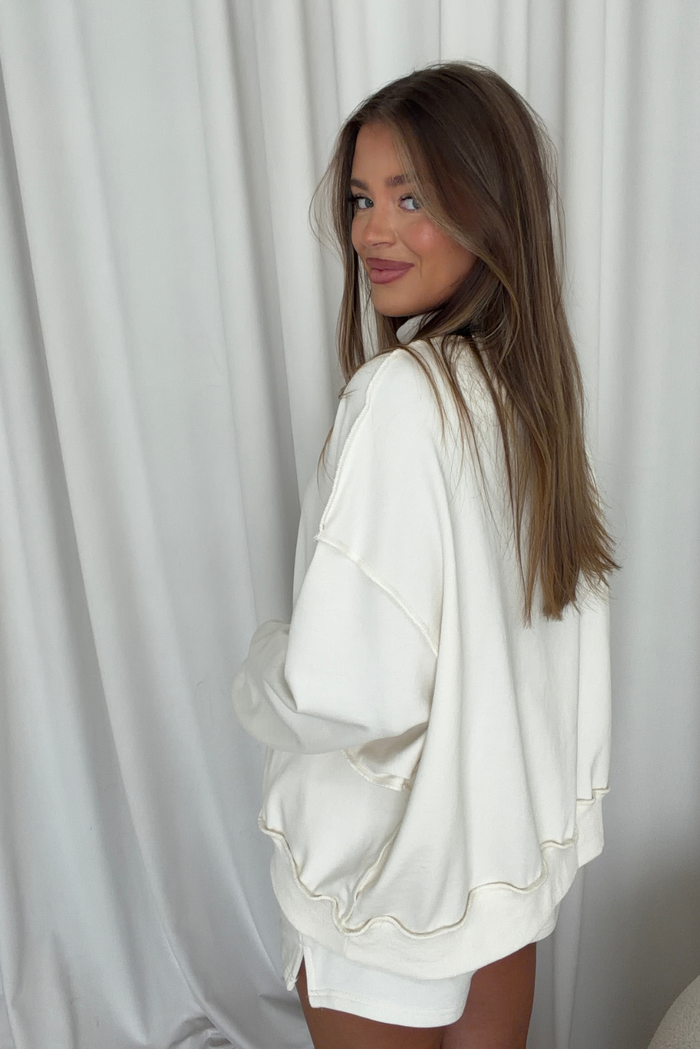Tillie Relaxed Mock Neck Pullover and Shorts Set in Off-White