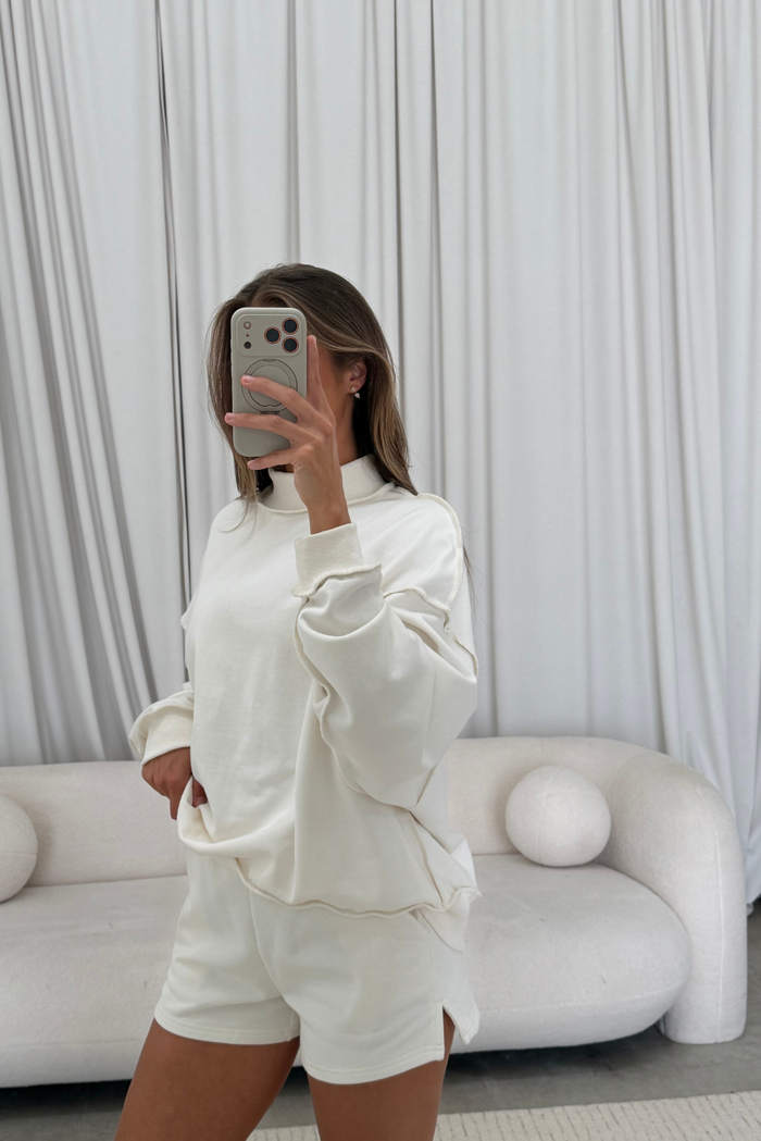 Tillie Relaxed Mock Neck Pullover and Shorts Set in Off-White