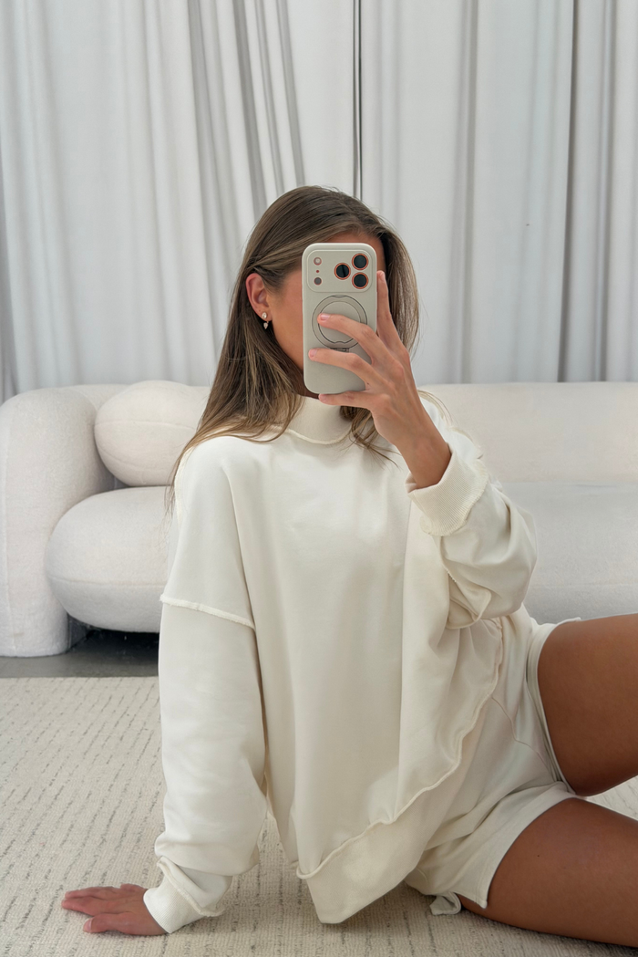 Tillie Relaxed Mock Neck Pullover and Shorts Set in Off-White