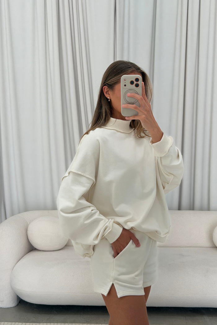 Tillie Relaxed Mock Neck Pullover and Shorts Set in Off-White