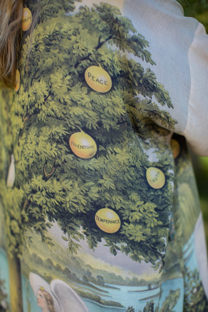 Model wearing Tree of Life Matinée Duster in aquas and verdant greens inspired by antique textiles – Market of Stars