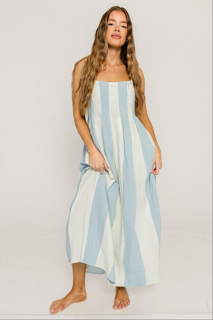 Tristan 100% Cotton Spaghetti Strap Maxi Dress in Cream Light Blue