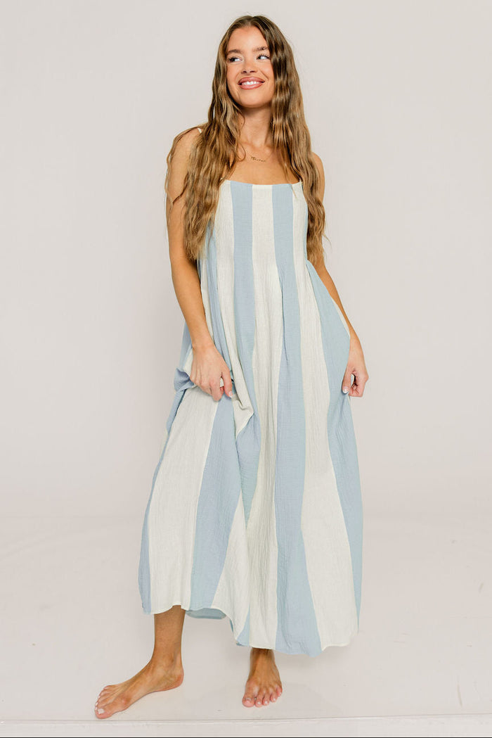 Tristan 100% Cotton Spaghetti Strap Maxi Dress in Cream Light Blue