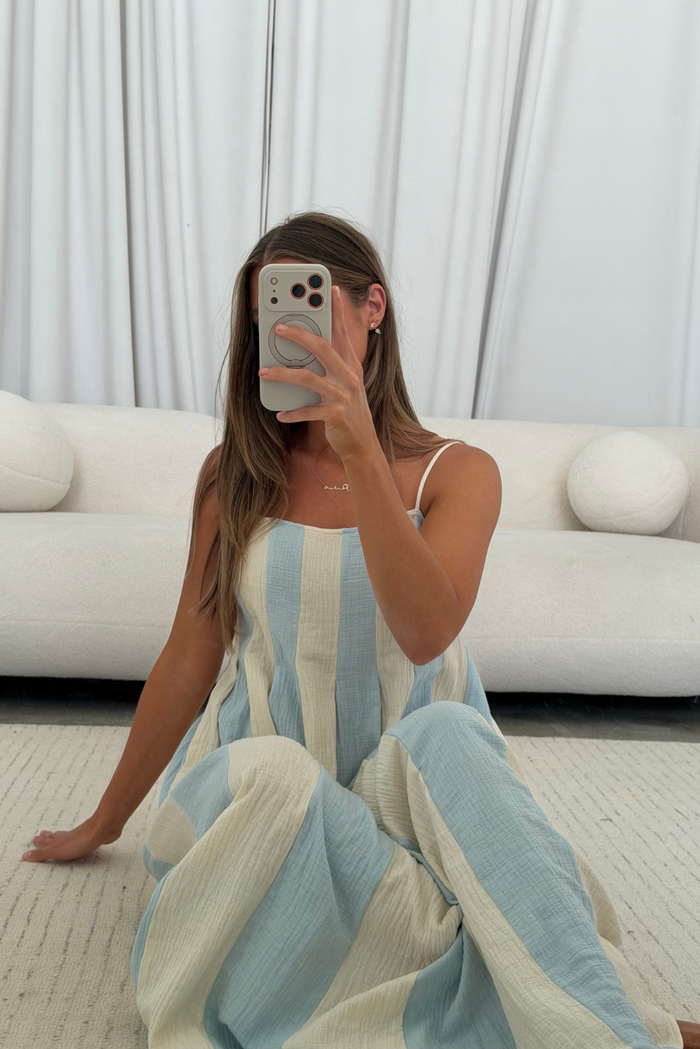 Tristan 100% Cotton Spaghetti Strap Maxi Dress in Cream Light Blue