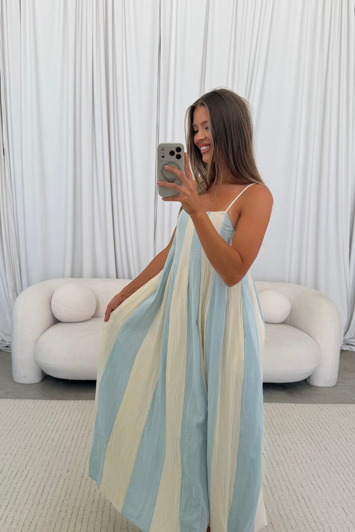 Tristan 100% Cotton Spaghetti Strap Maxi Dress in Cream Light Blue