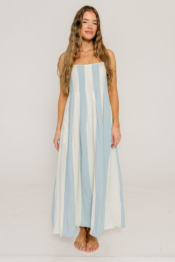 Tristan 100% Cotton Spaghetti Strap Maxi Dress in Cream Light Blue