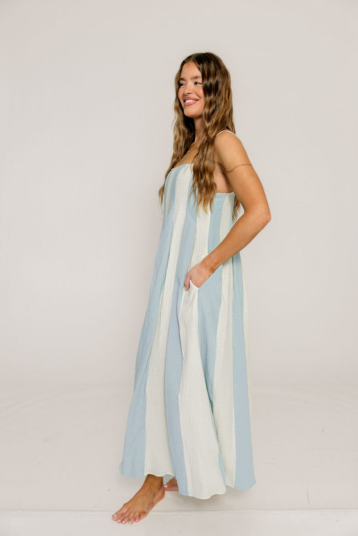 Tristan 100% Cotton Spaghetti Strap Maxi Dress in Cream Light Blue