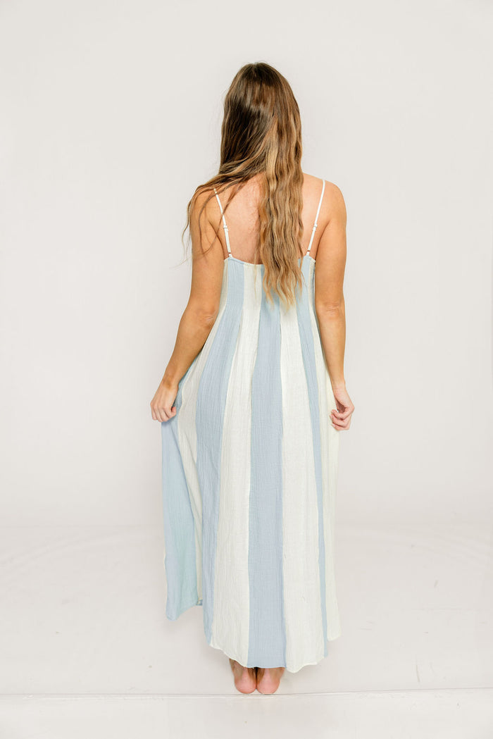 Tristan 100% Cotton Spaghetti Strap Maxi Dress in Cream Light Blue
