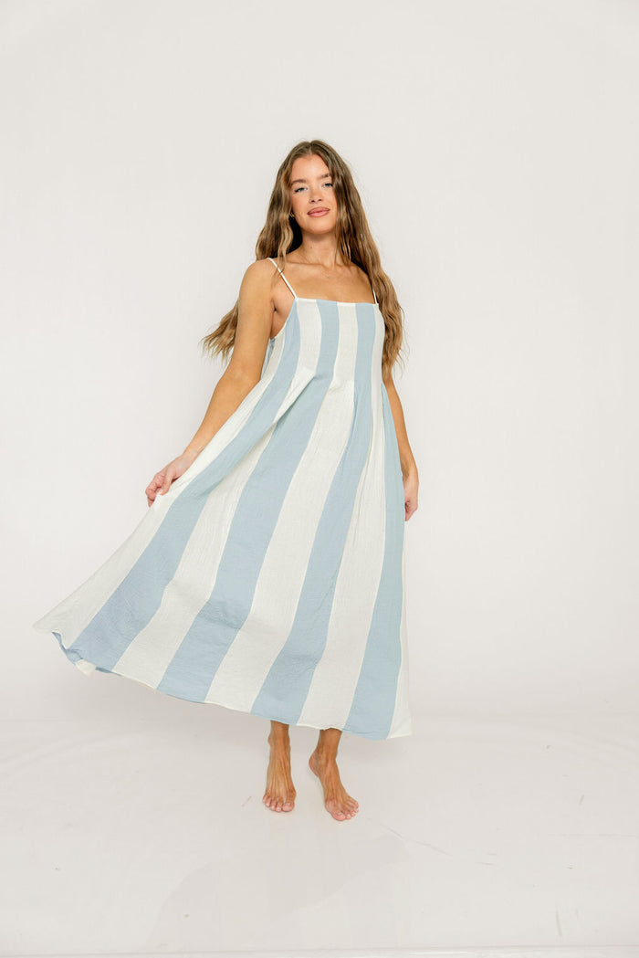 Tristan 100% Cotton Spaghetti Strap Maxi Dress in Cream Light Blue
