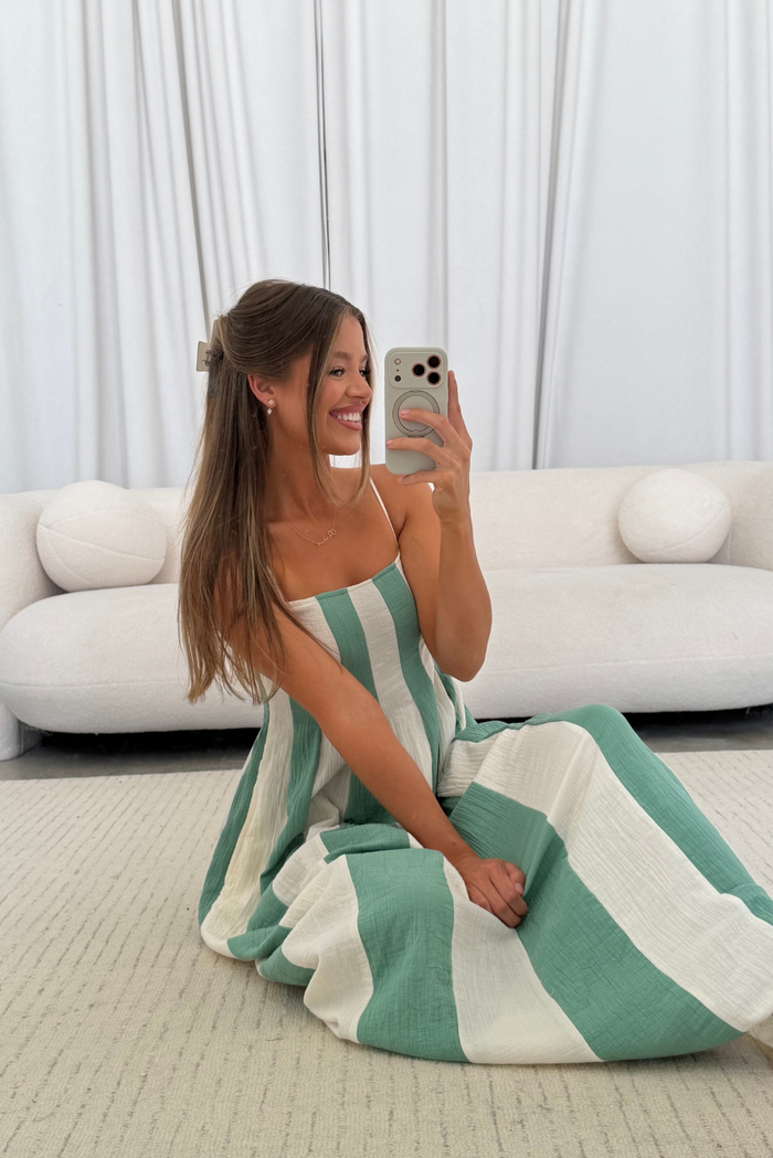 Tristan 100% Cotton Spaghetti Strap Maxi Dress in Cream/Green