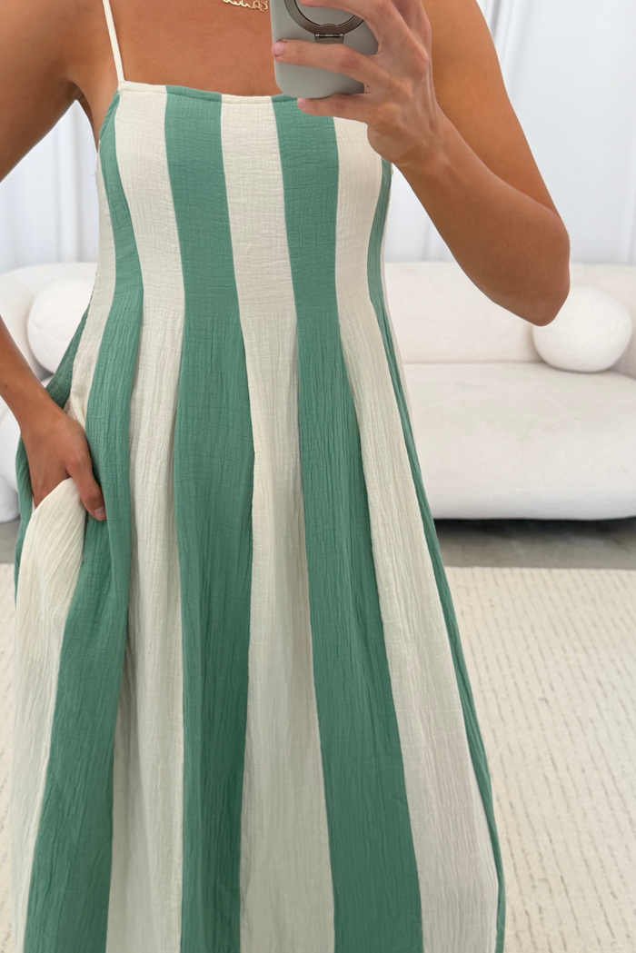Tristan 100% Cotton Spaghetti Strap Maxi Dress in Cream/Green