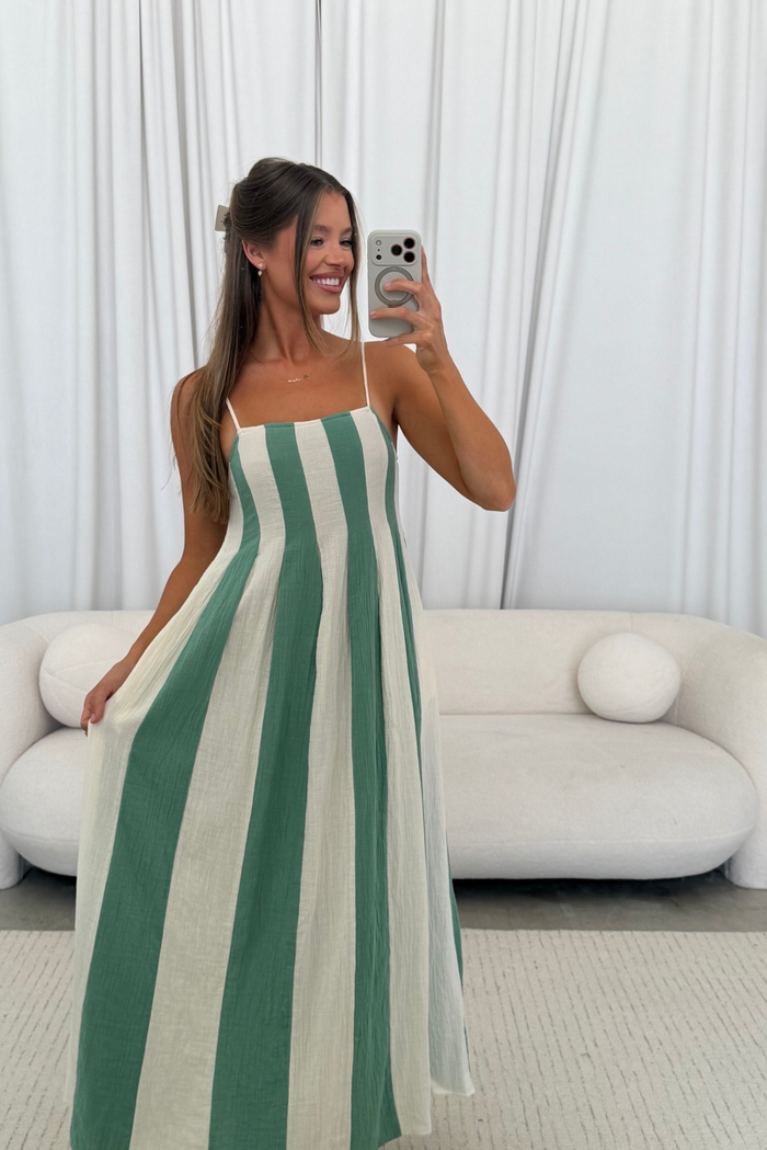 Tristan 100% Cotton Spaghetti Strap Maxi Dress in Cream/Green