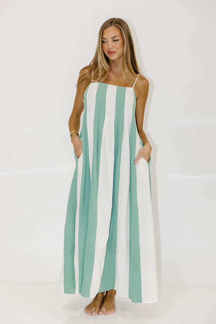 Tristan 100% Cotton Spaghetti Strap Maxi Dress in Cream/Green