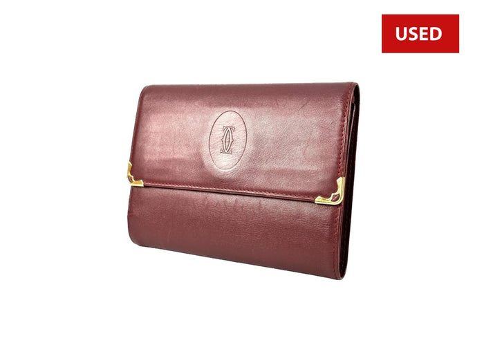 (USED) Cartier Women's Burgundy Leather Wallet Red Dark Red Gold Hardware