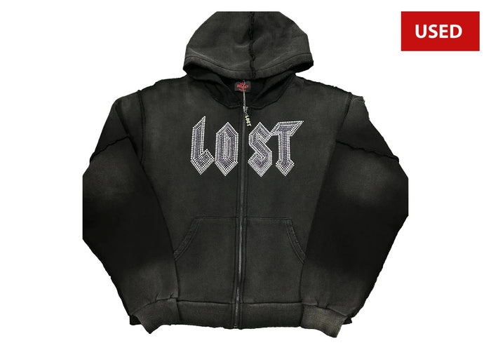 (USED) Lost Intricacy "Black Wash" Purple Rhinestone Zip-Up Hoodie