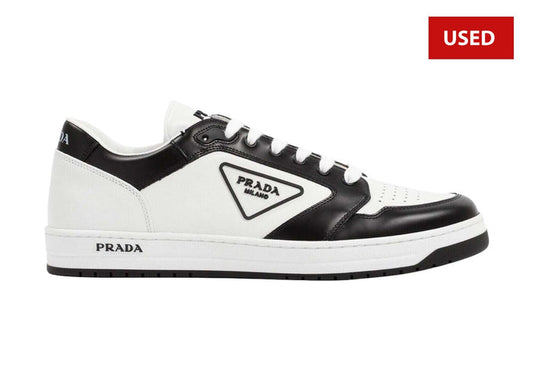 (USED) Prada District Leather White Black Triangle Logo Flat Low Top Sneaker - Sz 10