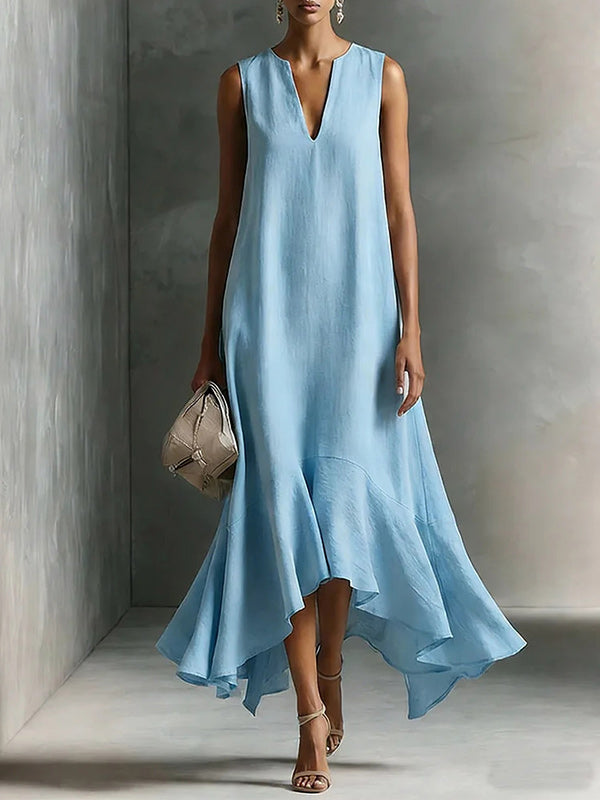 V-Neck Asymmetric-Hem Sleeveless Dress