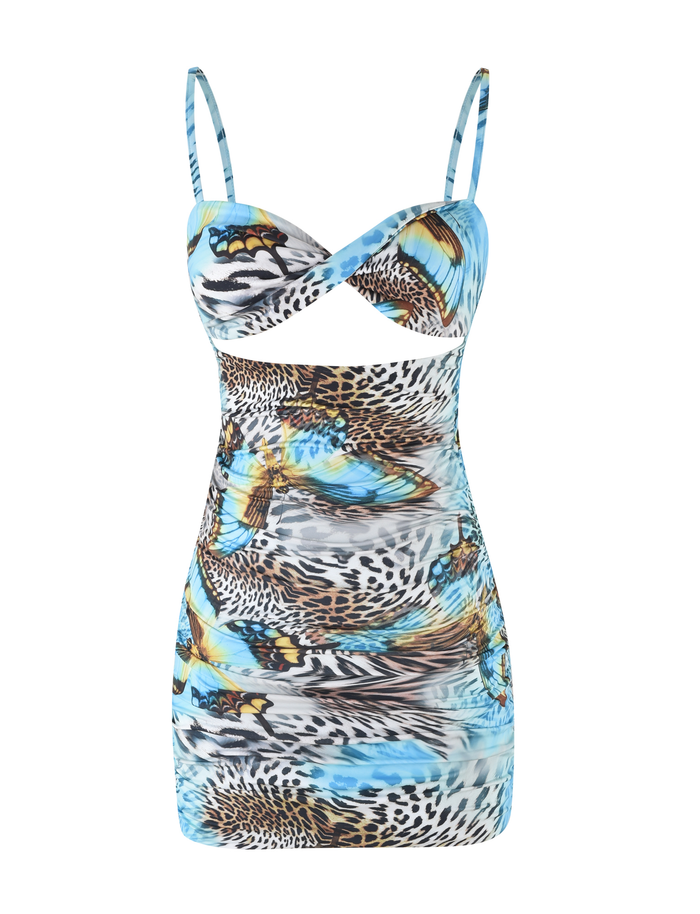 The TIGERMIST VERA MINI DRESS - MULTI : ANIMAL : BUTTERFLY ANIMAL is a sleeveless, bodycon mini dress with thin straps, blue butterfly and animal prints, and a cut-out under the bust, shown on a white background.