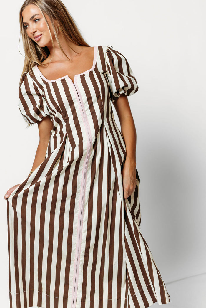 Verity Striped Midi Dress in Brown