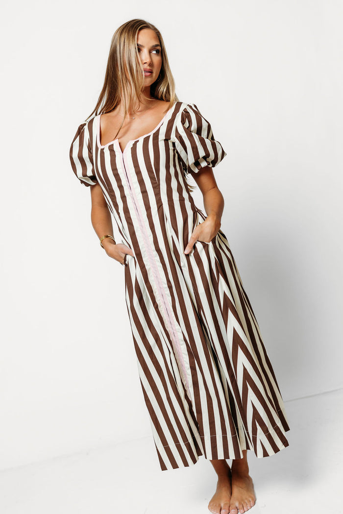 Verity Striped Midi Dress in Brown