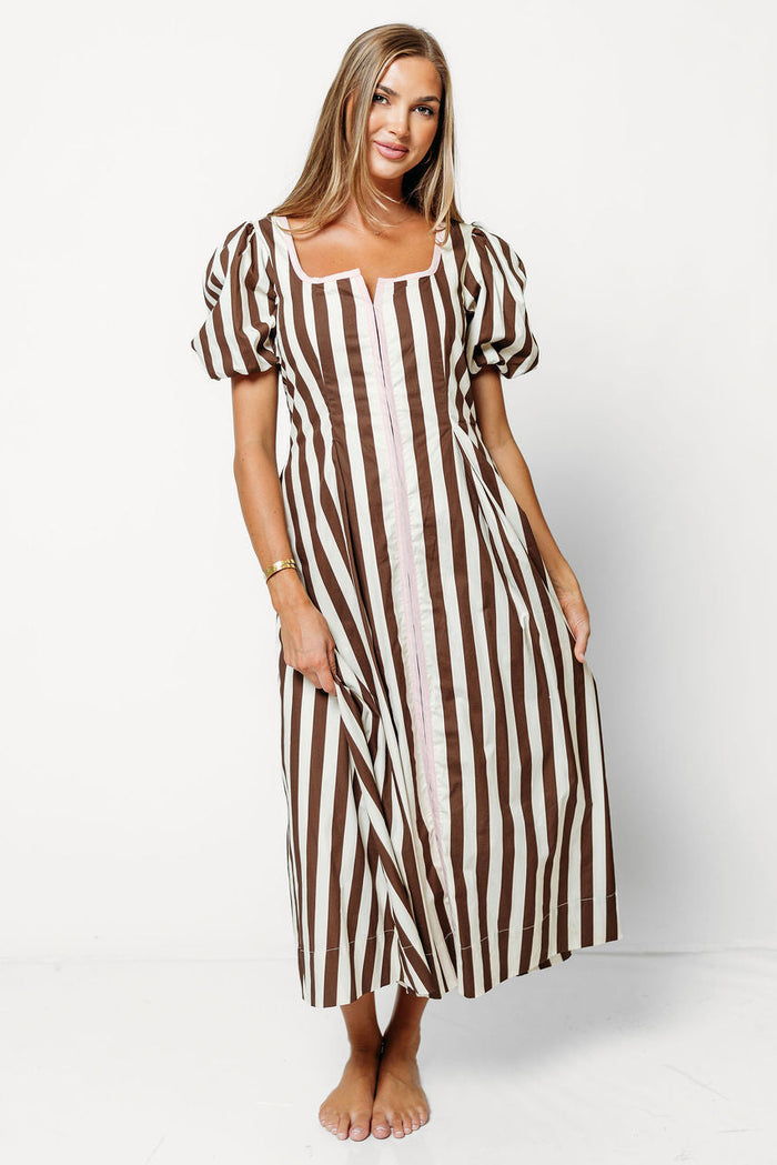 Verity Striped Midi Dress in Brown