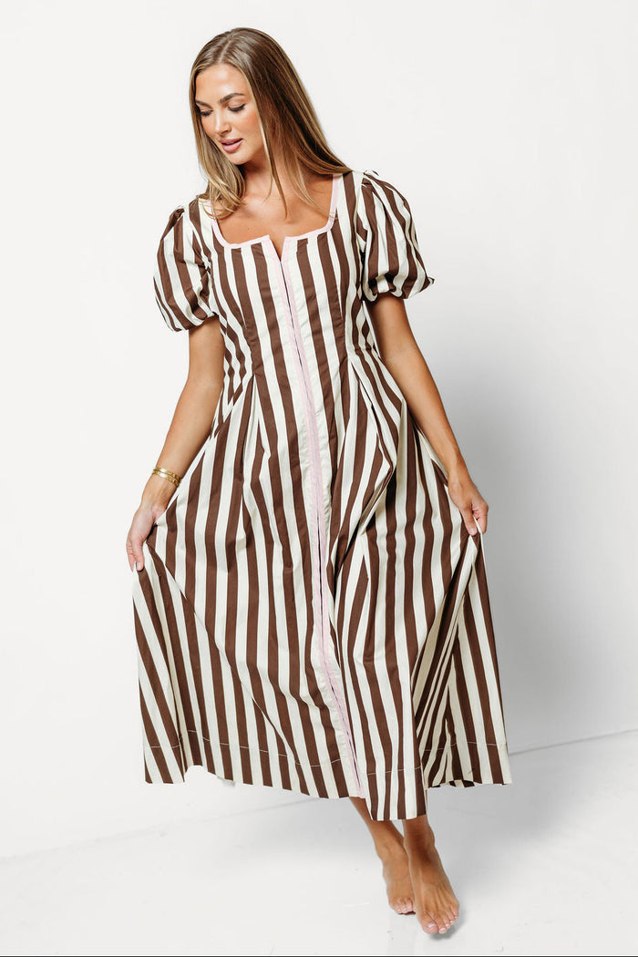 Verity Striped Midi Dress in Brown