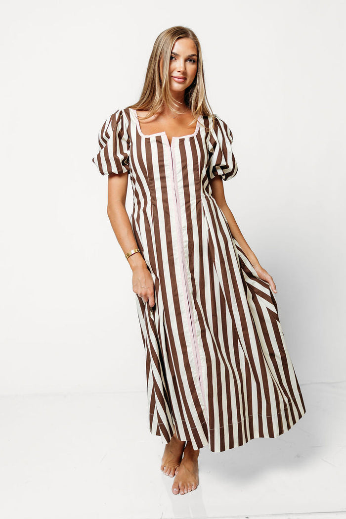 Verity Striped Midi Dress in Brown
