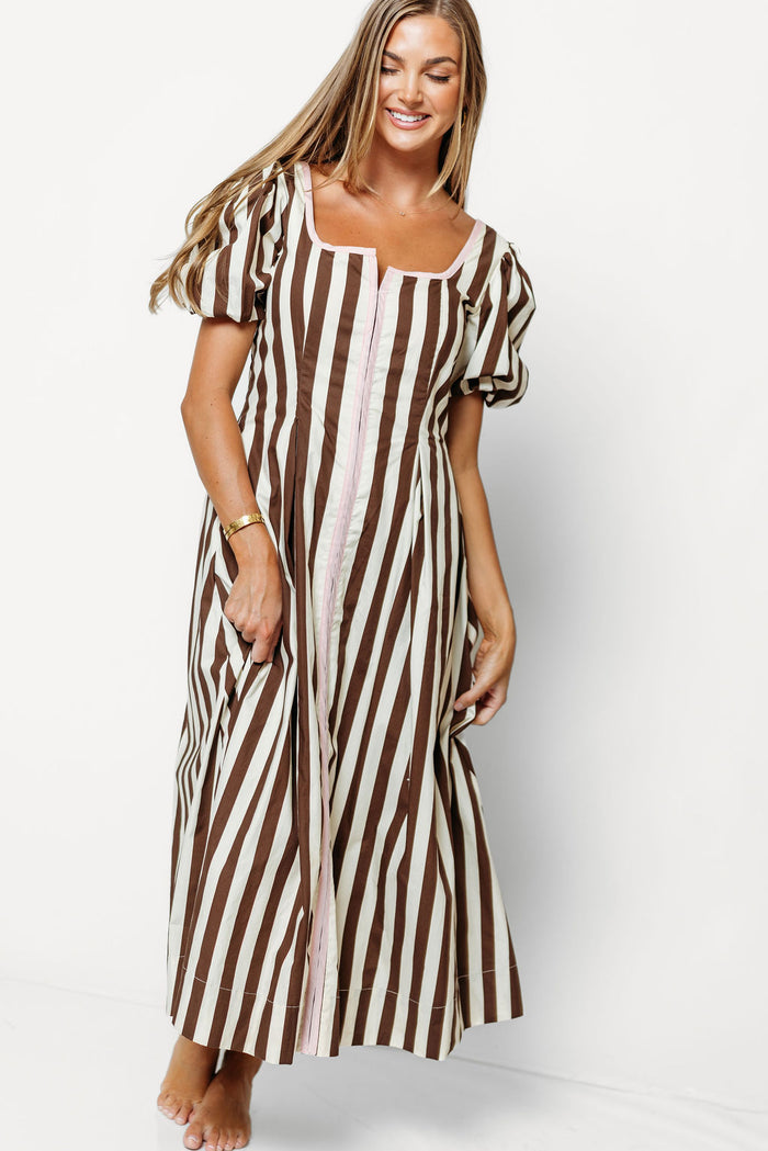 Verity Striped Midi Dress in Brown