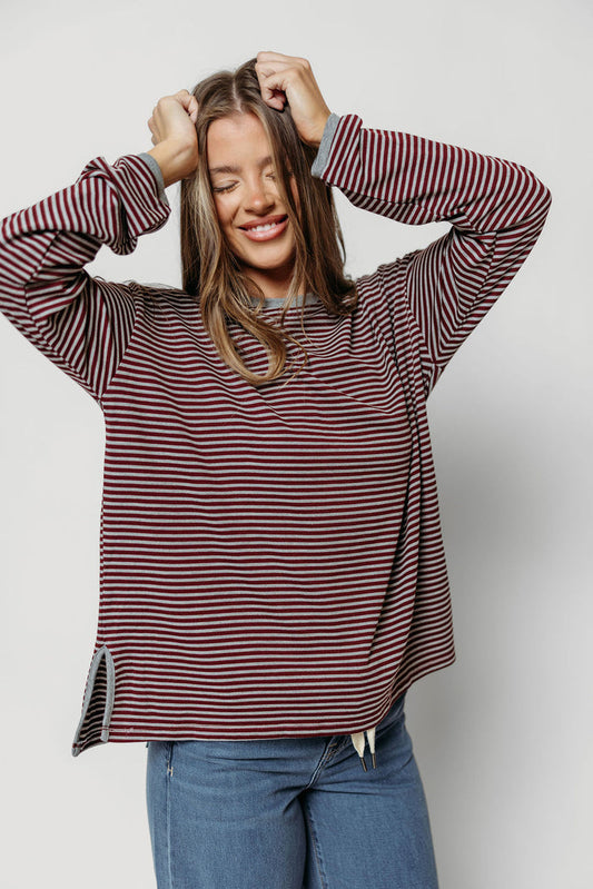 Vernon Long Sleeve Striped Top in Burgundy/Heather Grey