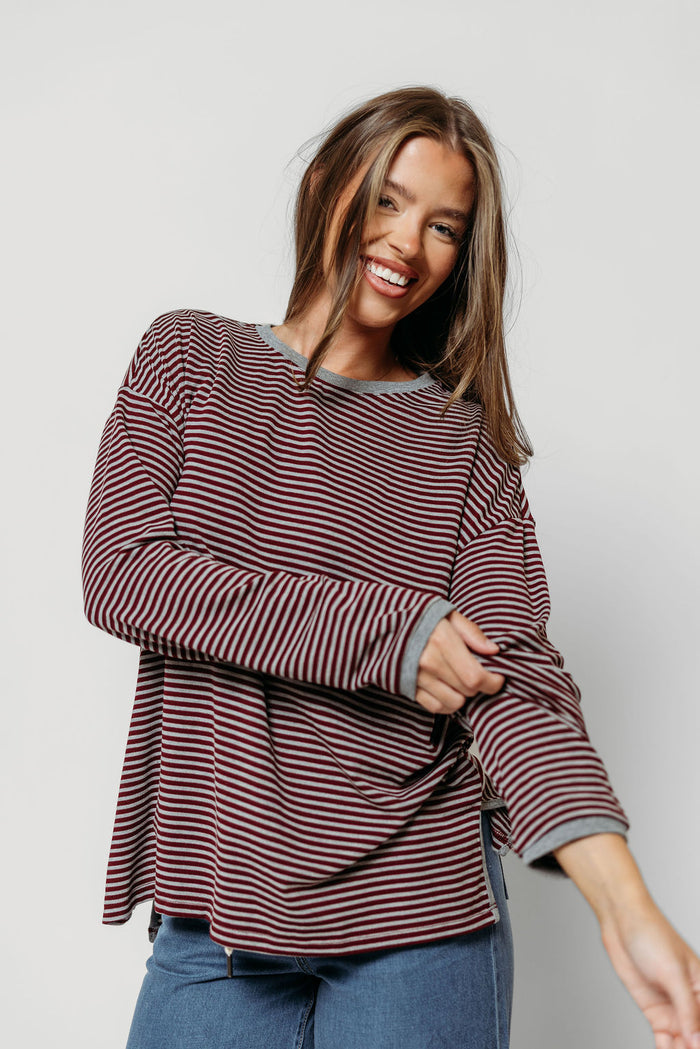 Vernon Long Sleeve Striped Top in Burgundy/Heather Grey