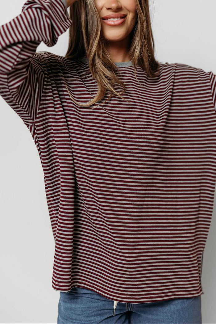 Vernon Long Sleeve Striped Top in Burgundy/Heather Grey