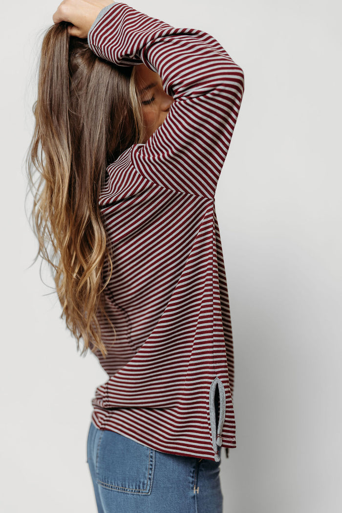 Vernon Long Sleeve Striped Top in Burgundy/Heather Grey