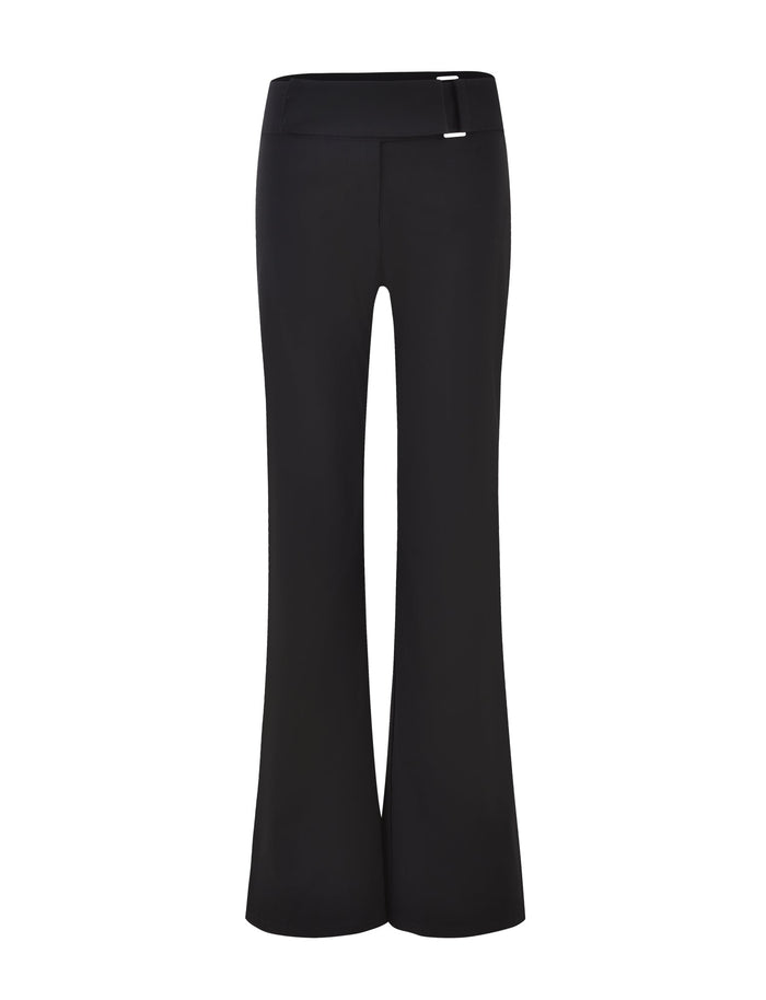 Introducing the VESPER PANT - BLACK by TIGERMIST, a pair of black, high-waisted pants with a sleek and minimalist design. These flared pants feature a front closure with a small, metallic button on the waistband. The fabric offers a smooth, fitted silhouette through the hips that gradually flares out from the knees.
