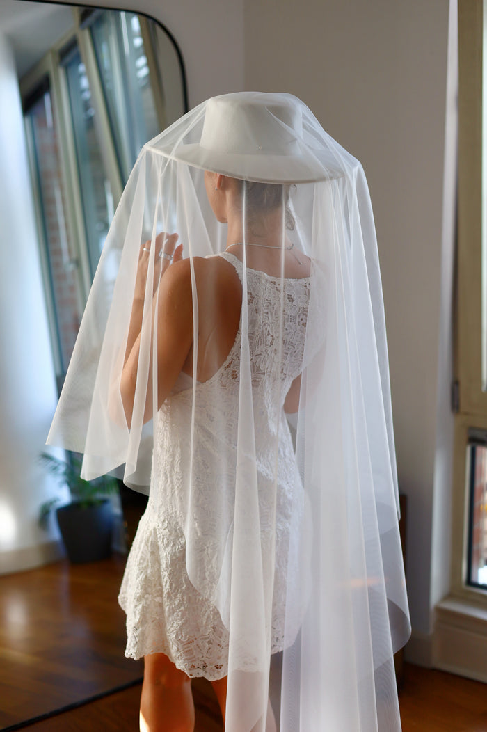 White Bridal Hat with Long Tulle Veil