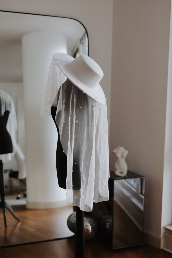 White Bridal Hat with Pearl Veil