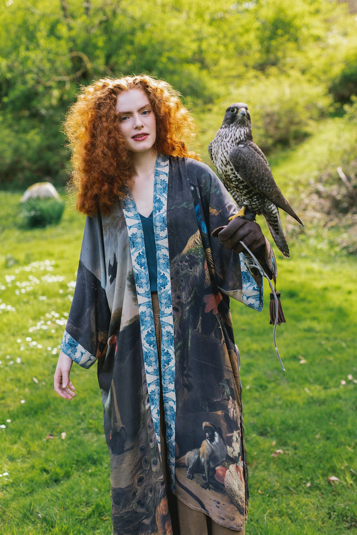 Model wearing Wild Beauty Opera Duster with antique lush florals and peacock – Market of Stars