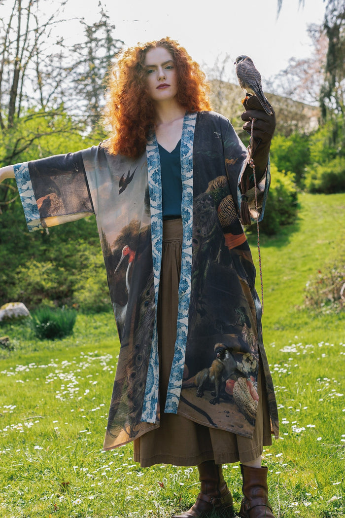 Model wearing Wild Beauty Opera Duster with antique lush florals and peacock – Market of Stars