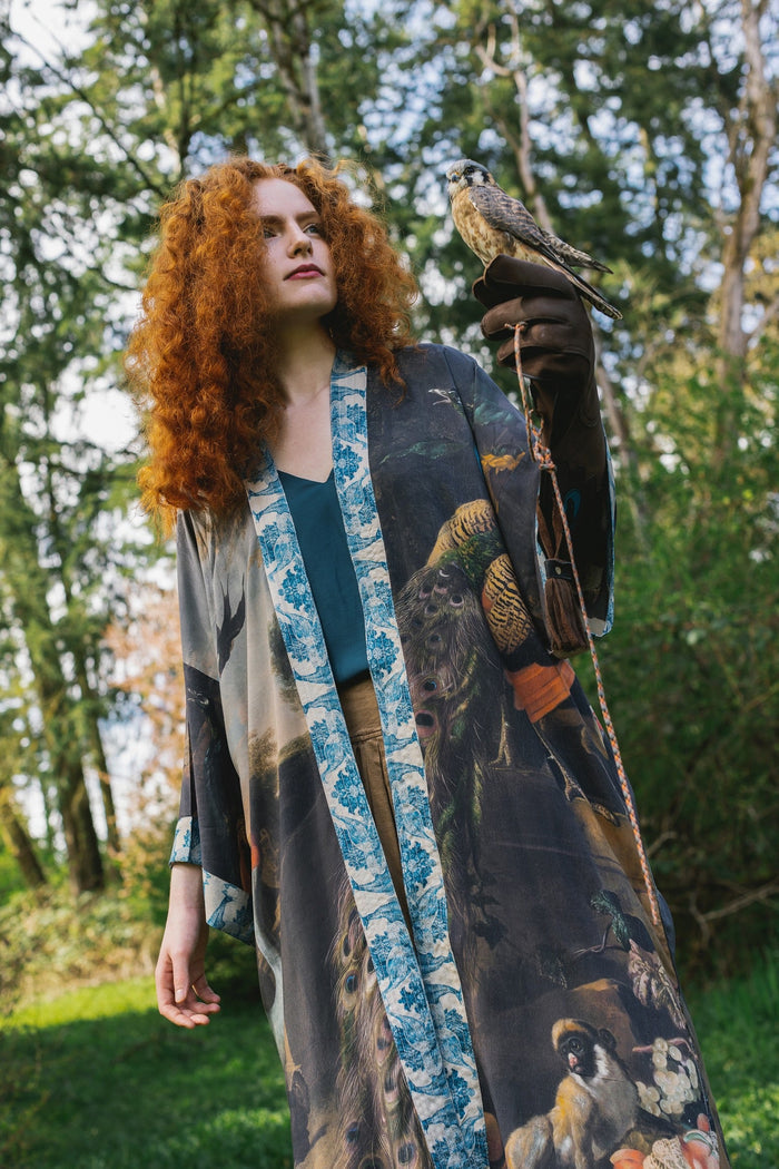 Model wearing Wild Beauty Opera Duster with antique lush florals and peacock – Market of Stars
