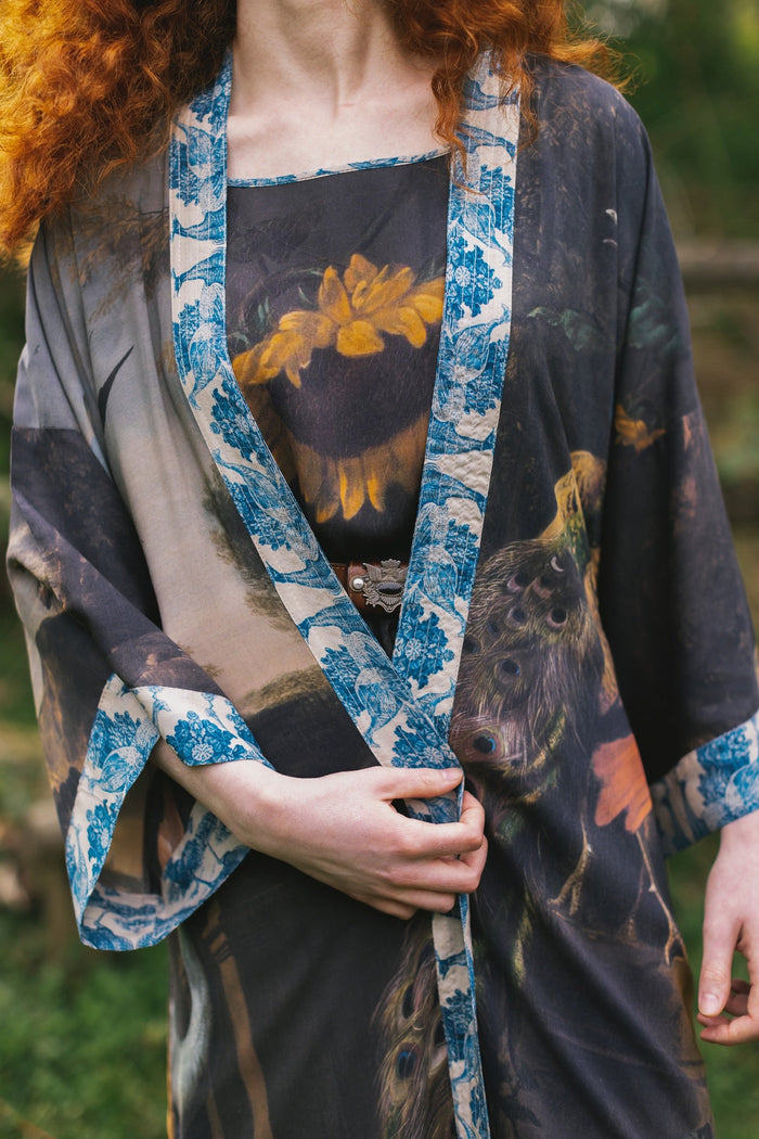 Model wearing Wild Beauty Opera Duster with antique lush florals and peacock – Market of Stars