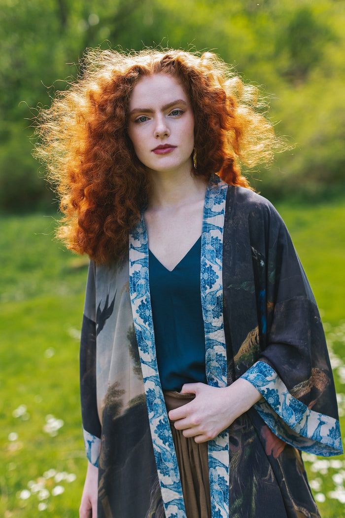 Model wearing Wild Beauty Opera Duster with antique lush florals and peacock – Market of Stars