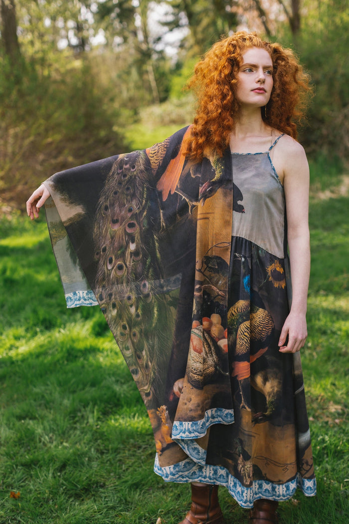 Model wearing Wild Beauty Bohéme Slip Dress and Scarf featuring peacock birds and antique florals – Market of Stars