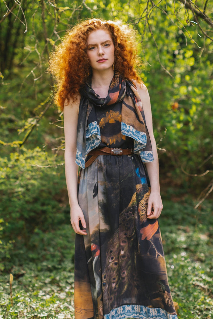 Model wearing Wild Beauty Bohéme Slip Dress and Scarf featuring peacock birds and antique florals – Market of Stars