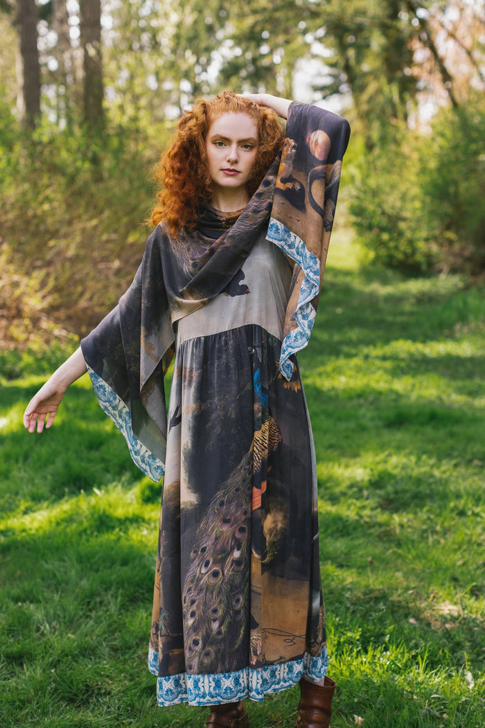 Model wearing Wild Beauty Bohéme Slip Dress and Scarf featuring peacock birds and antique florals – Market of Stars