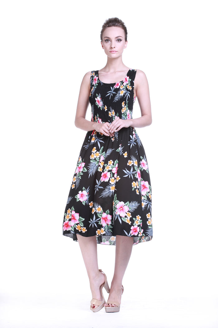 Women's Elastic Tank Dress Hibiscus Black