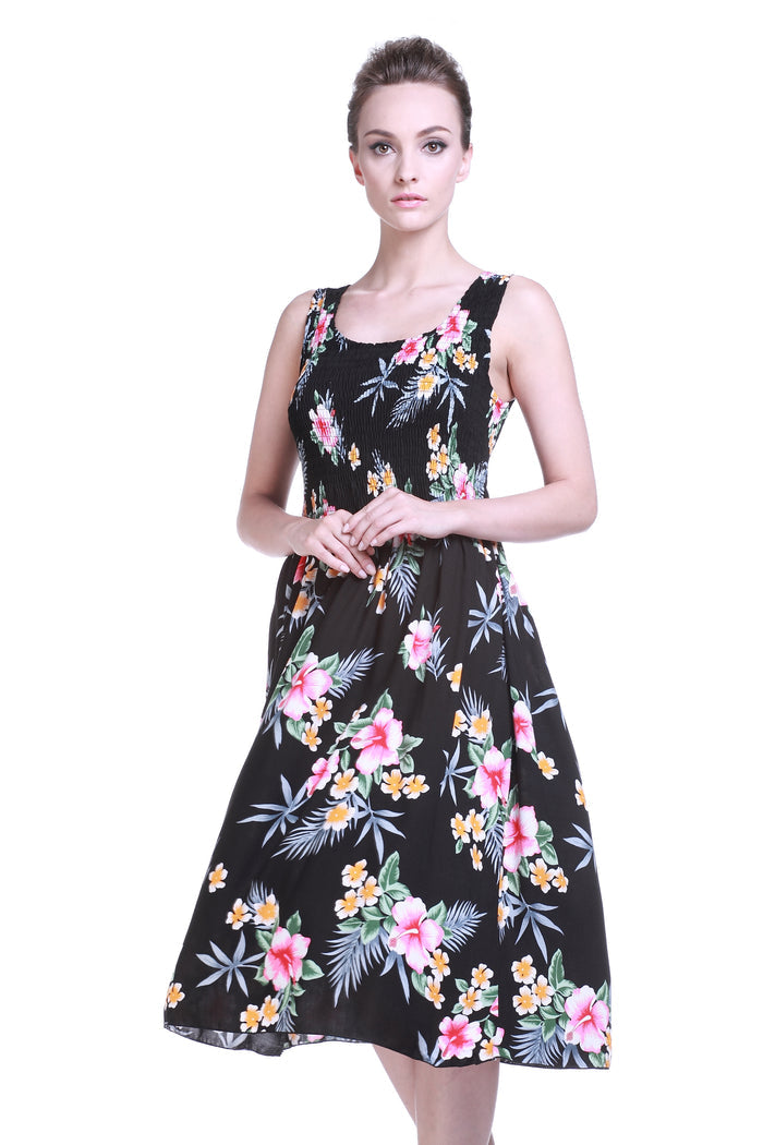 Women's Elastic Tank Dress Hibiscus Black
