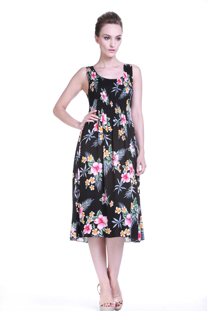 Women's Elastic Tank Dress Hibiscus Black