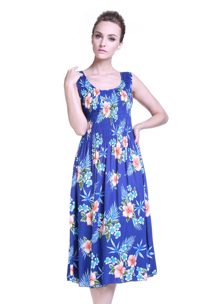 Women's Elastic Tank Dress Hibiscus Blue