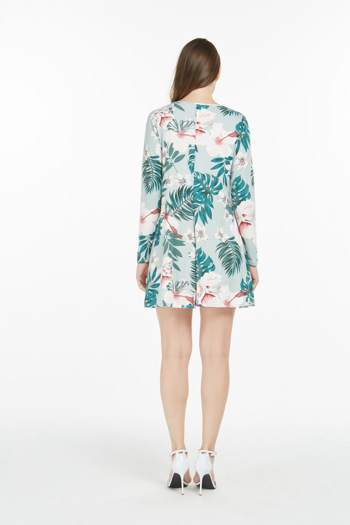 Women's Luau Long Sleeve Stretchy Flare Dress  Mint Forest