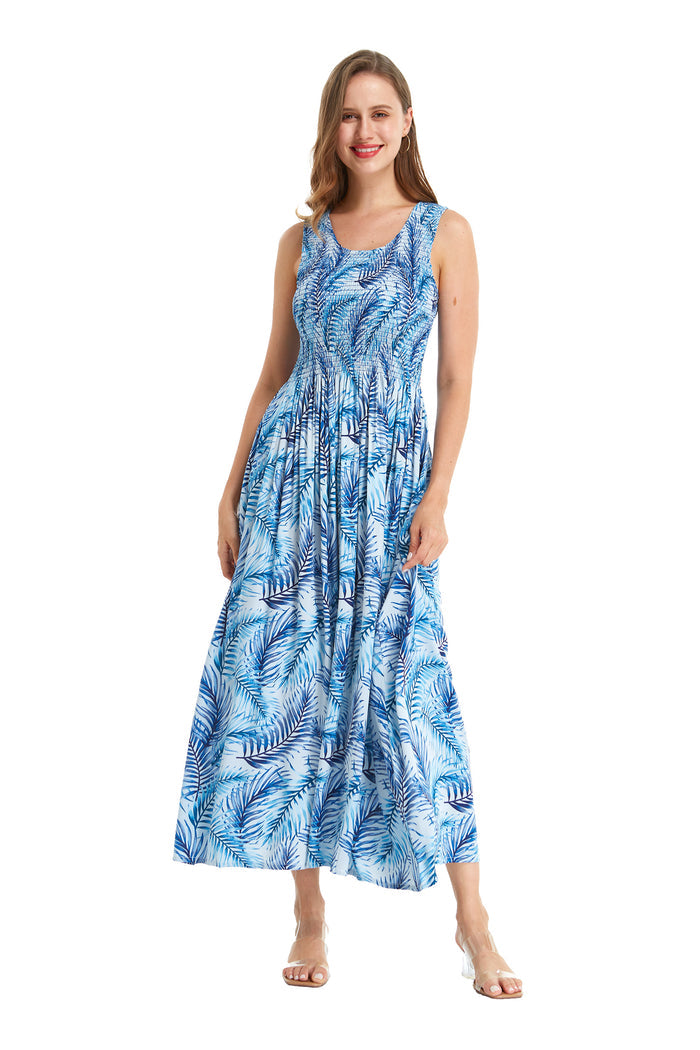 Women's Maxi Tank Elastic Luau Dress Simply Blue Leaf