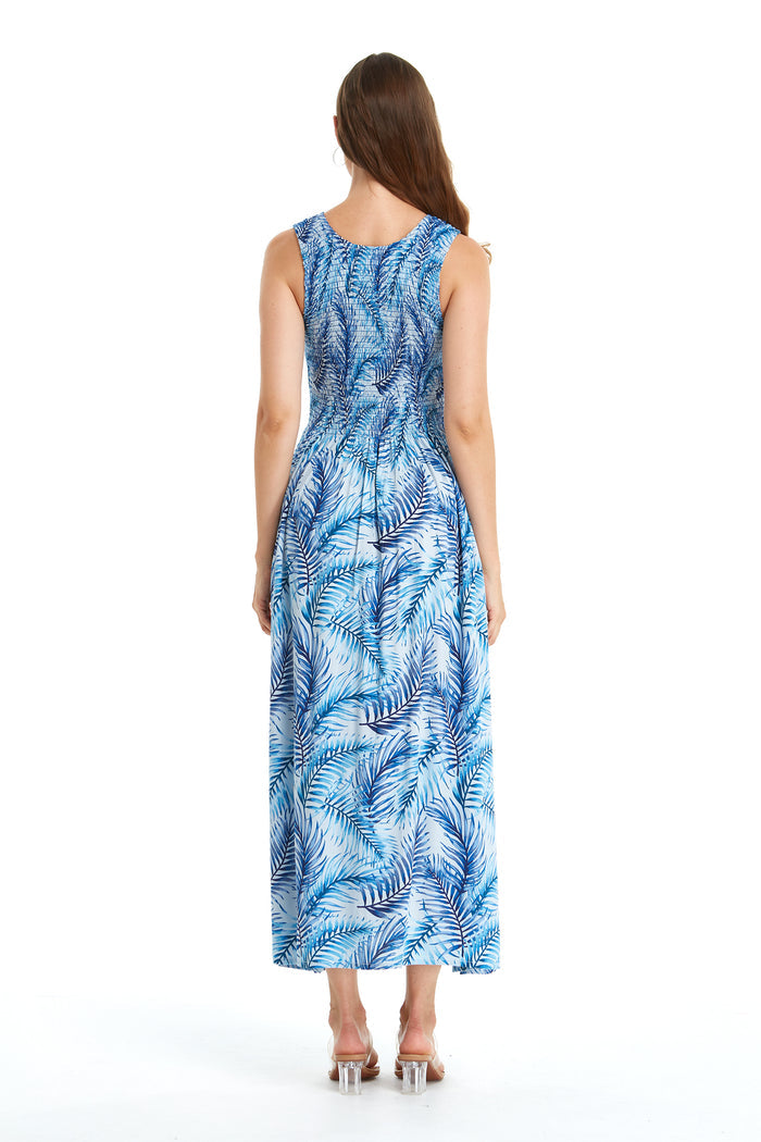 Women's Maxi Tank Elastic Luau Dress Simply Blue Leaf